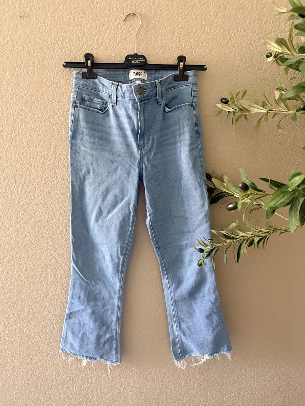 PAIGE Light Wash High Rise Crop Flare Raw Hem Jeans Size 28